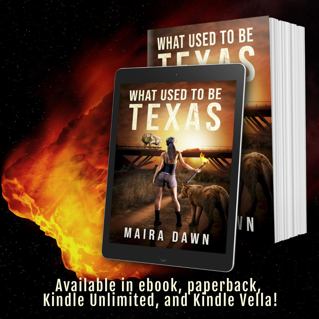Cover of book. Girl hold a torch. Wolf stands beside her. They are looking at a monster. The title of the book is What Used to be Texas.